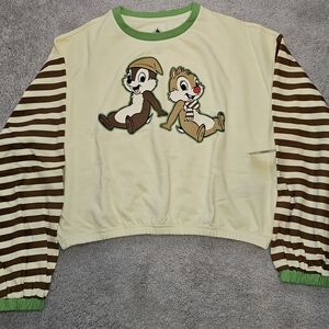 Disney Women's Yellow Striped Chip and Dale Crop Pullover Sweater Loose Fit